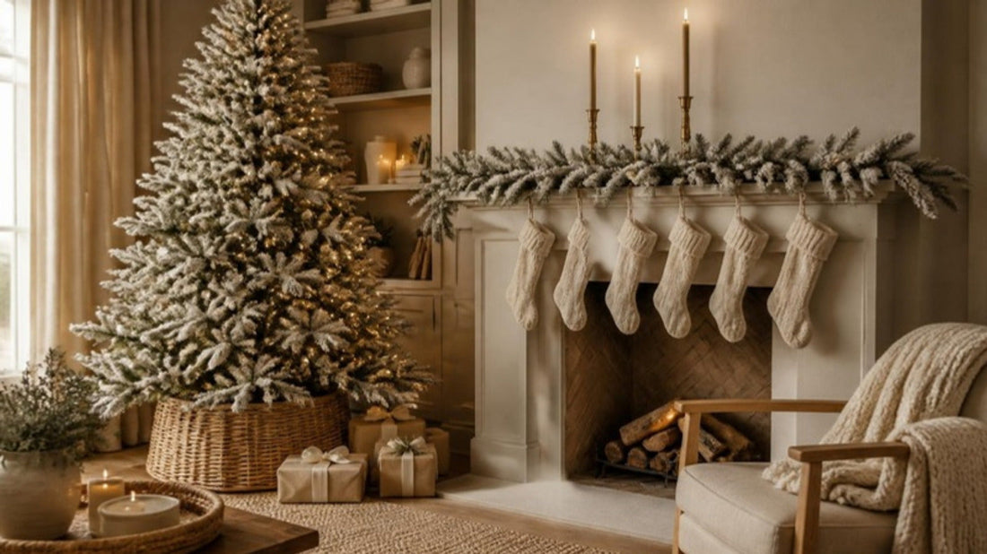 Warm neutral Christmas living room with a snow-flocked tree, cream knit stockings and brass candlesticks