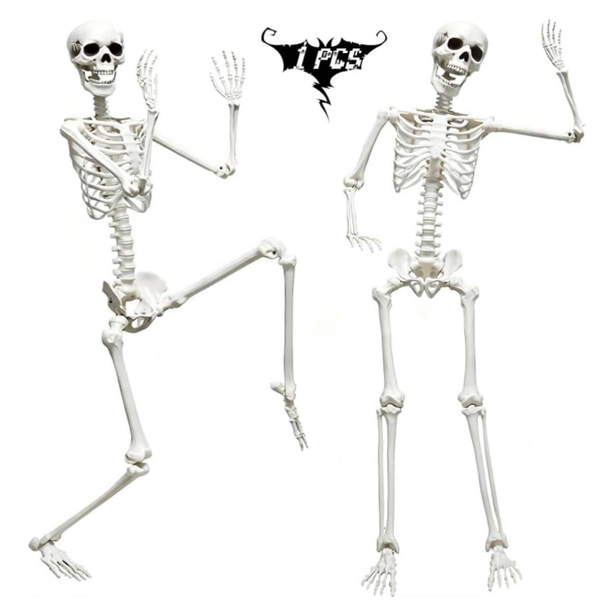 One human skeleton decoration shown in two different poses on a white background.