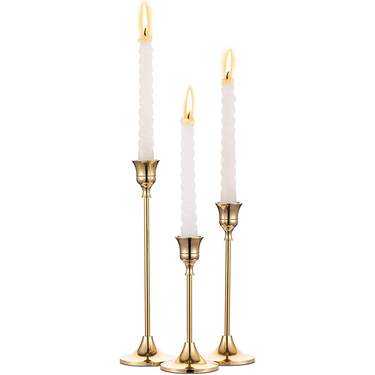 Set of 3 brass gold taper candle holders