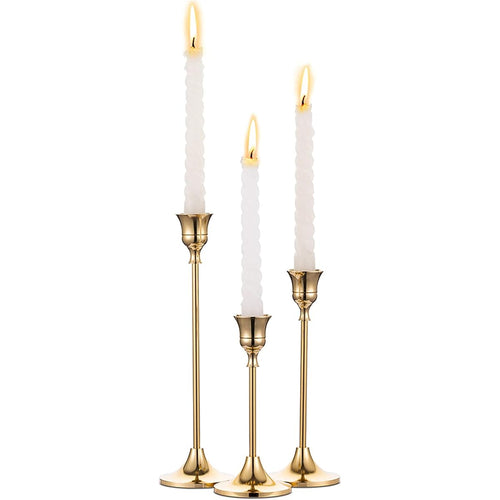 Set of 3 brass gold taper candle holders