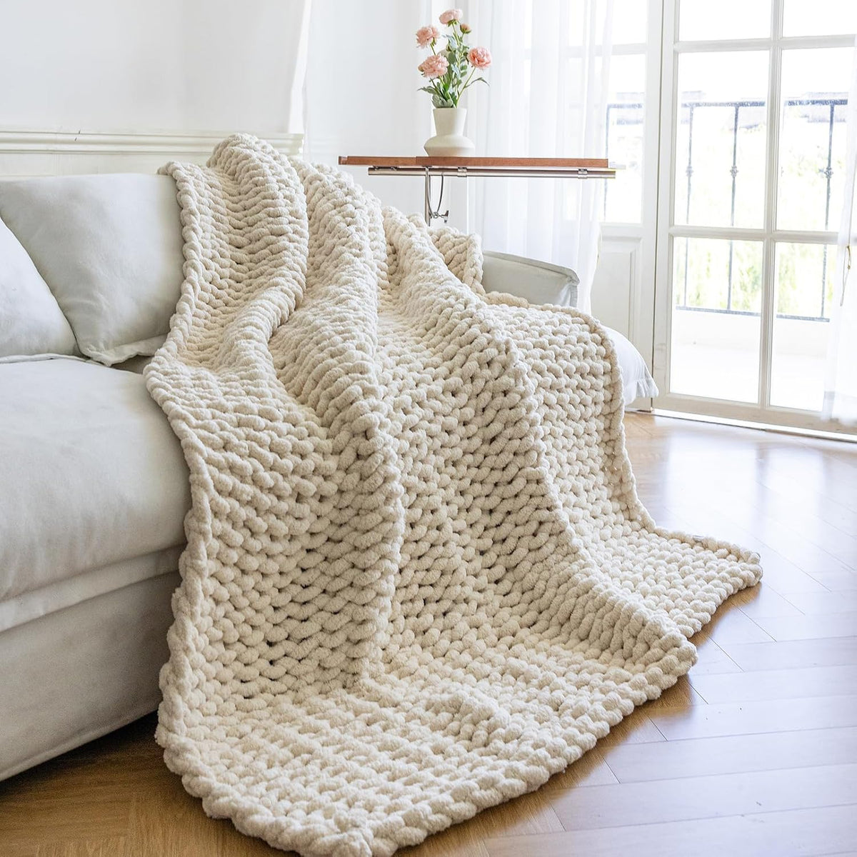 Cream chunky knit throw blanket