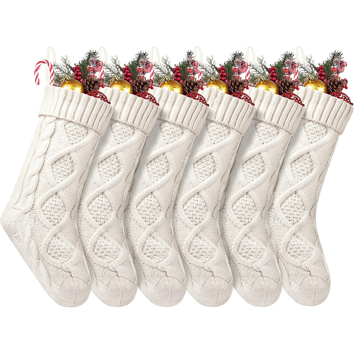 Ivory cable knit Christmas stockings, 6 pack