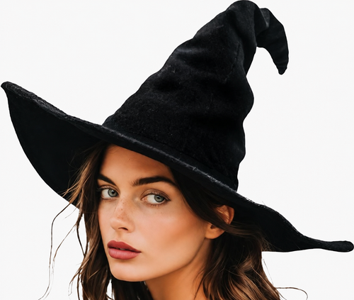 Black witch hat with a bent pointed crown and broad brim, worn by a model.