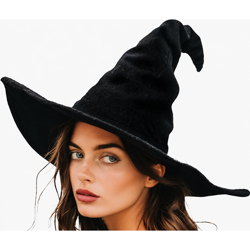Black witch hat with a bent pointed crown and broad brim, worn by a model.