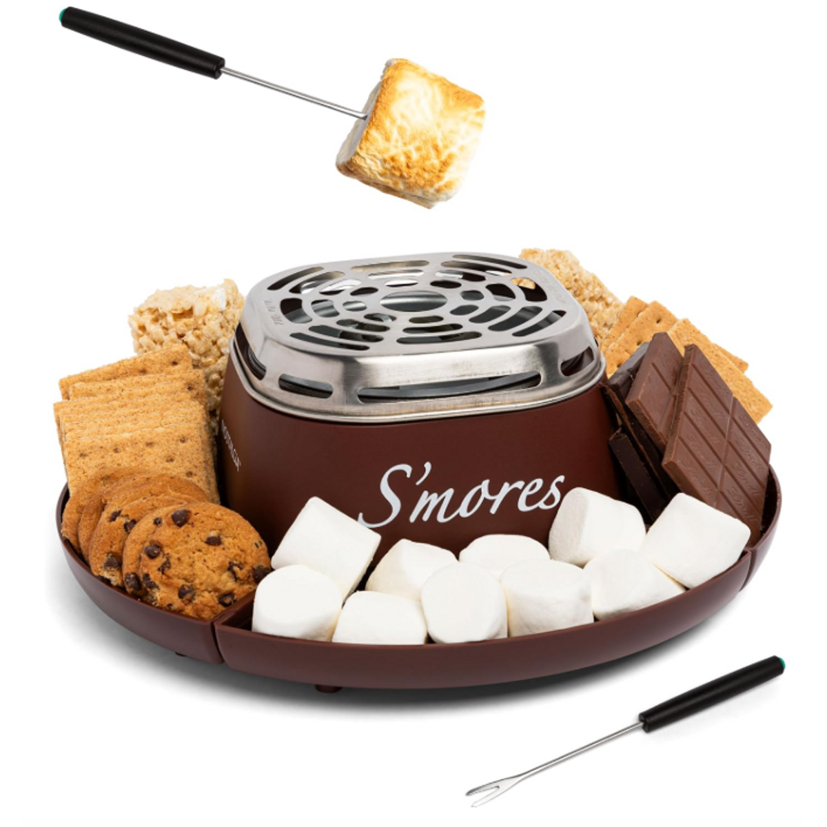 Brown tabletop s’mores maker shown with roasting forks, marshmallows, chocolate and crackers.
