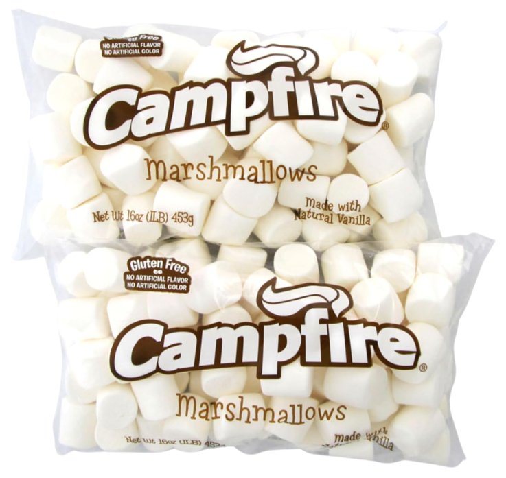 Two 16-ounce bags of Campfire white marshmallows.