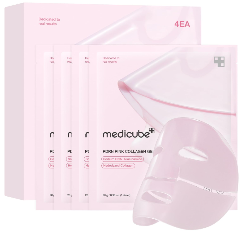 Medicube PDRN Pink Collagen Gel Mask four-pack with pink packaging and gel face mask.