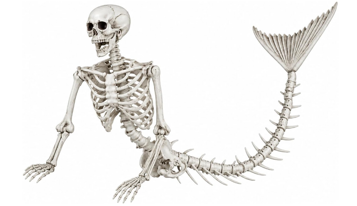 Bone-coloured mermaid skeleton with a curved fish tail on a white background.