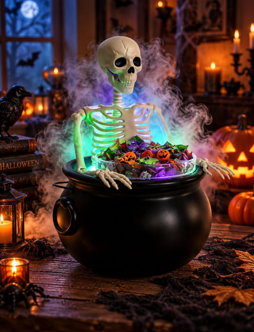 Skeleton cauldron candy bowl styled with Halloween sweets.