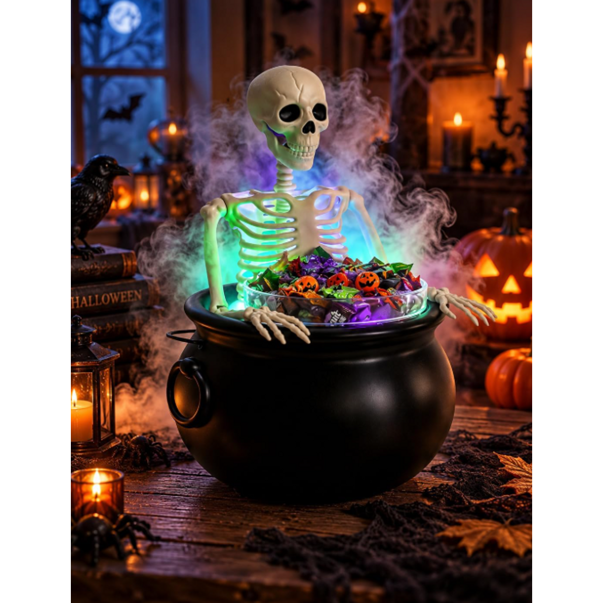 Skeleton cauldron candy bowl styled with Halloween sweets.