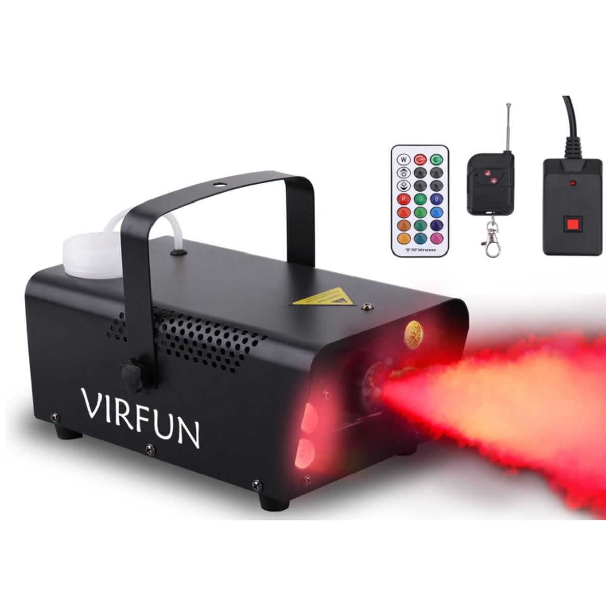 Black VIRFUN fog machine with lights and remote controls on a white background.